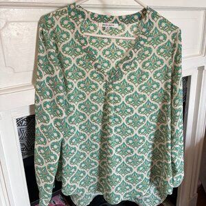 Rose + Olive Medium Green & Cream, Long Sleeve Blouse